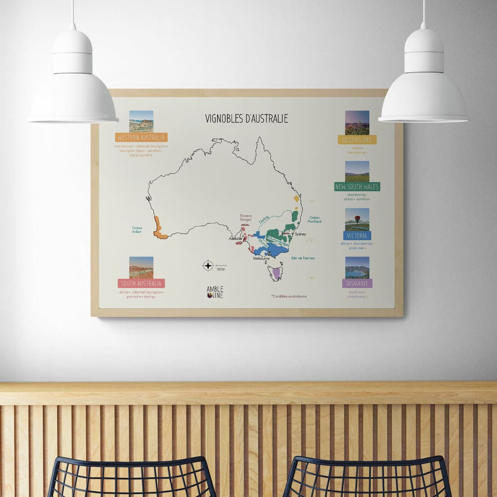 Affiche carte des vins australie amble wine vignobles queensland adélaïde sydney