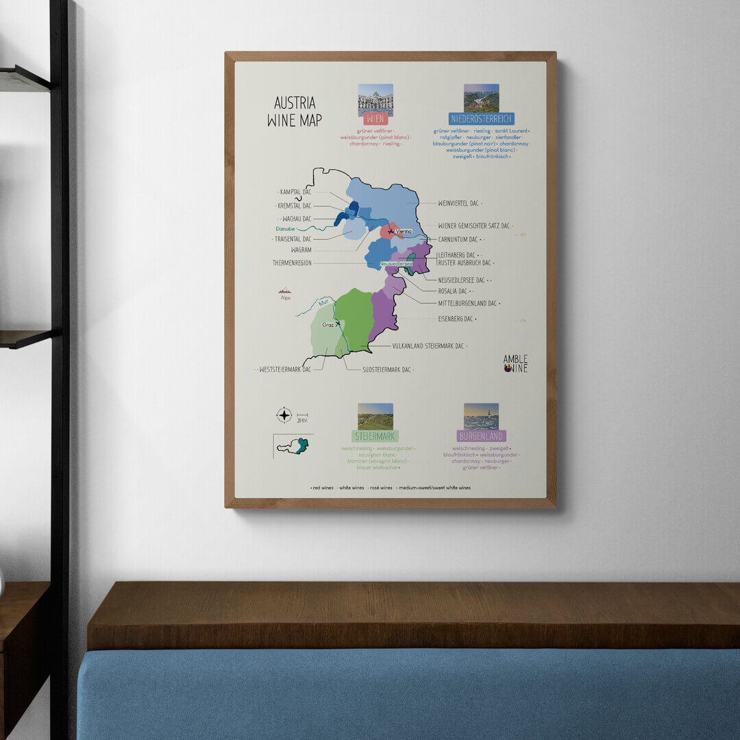 Austria wine map amble wine vineyards chardonnay wien poster