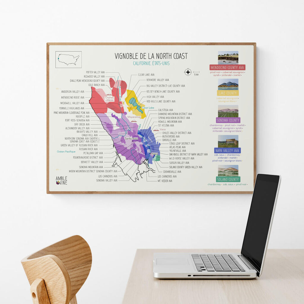 Carte des vins états unis californie north coast affiche chardonnay pinot noir apprendre éducation afficher