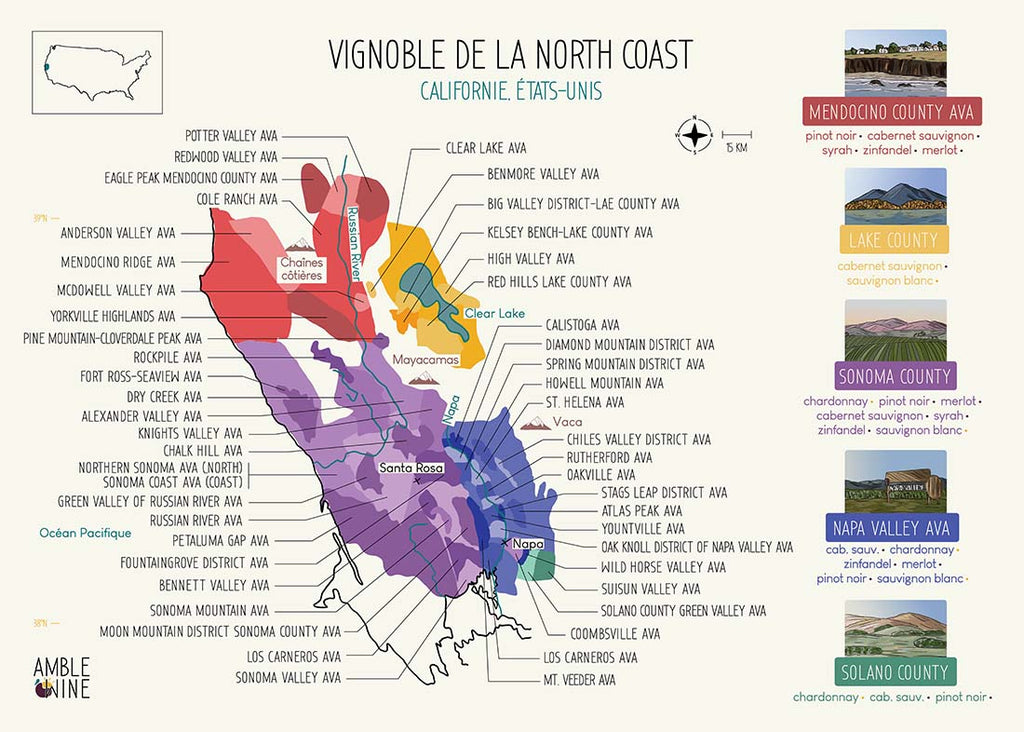 Carte des vins états unis californie north coast affiche zoom lake county mendocino county ava