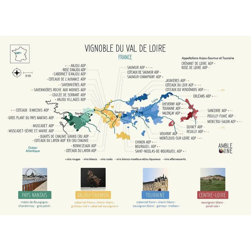 Il s'agit de l'affiche du vignoble du val de Loire par Amble Wine en français. Devenez incollables sur ce vignoble et ses appellations les plus emblématiques.