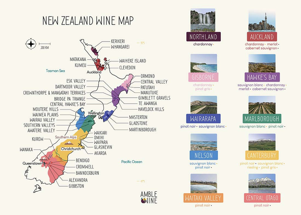 new zealand wine map poster amble wine nelson central otago