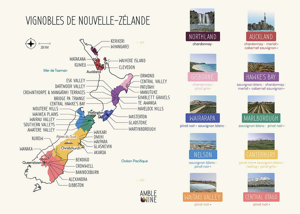 Cette affiche est une carte des vignobles de Nouvelle Zélande. C'est une carte Amble Wine qui vous permettra de situer les appellations du pays.