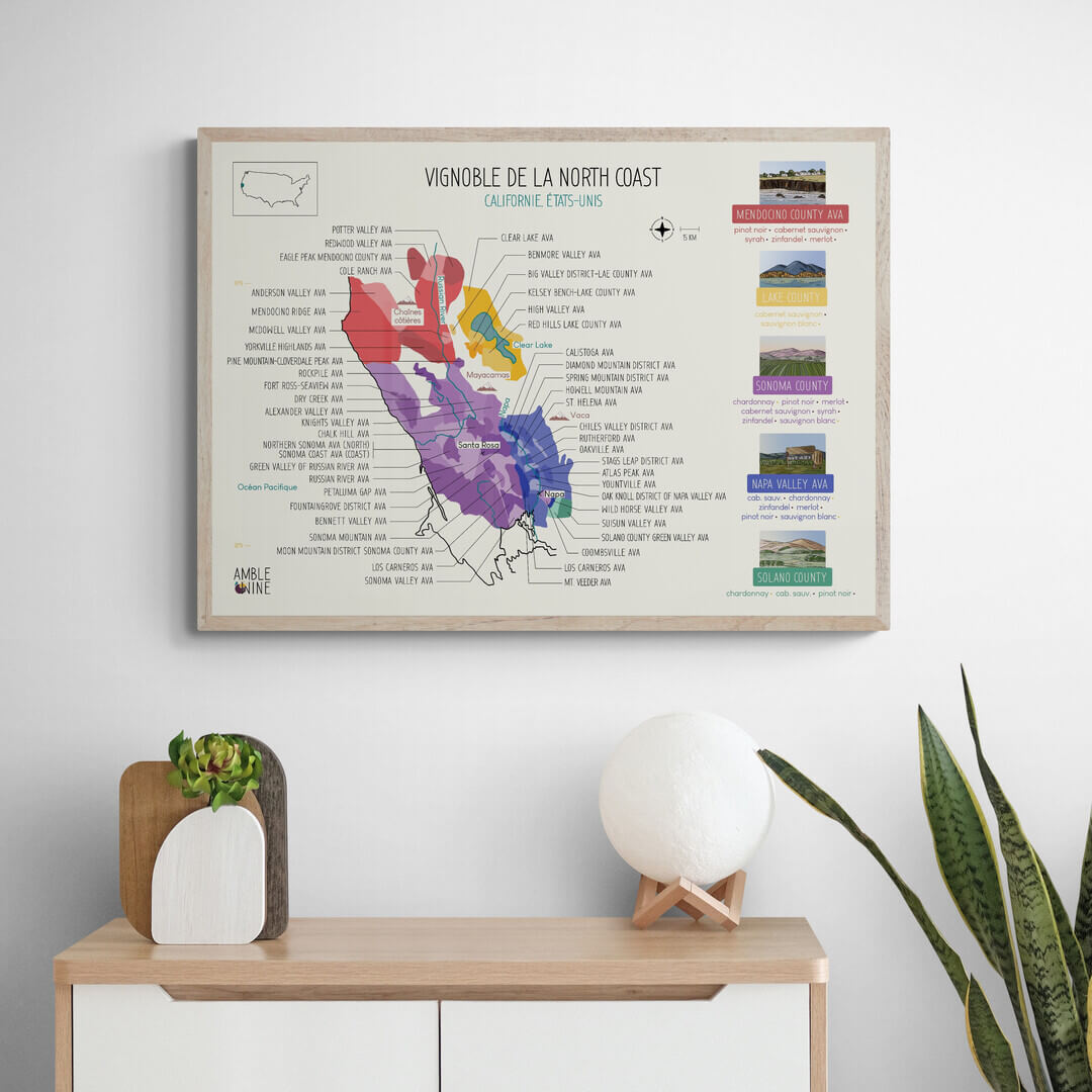 Carte des vins états unis californie north coast affiche chardonnay pinot noir décoration couleur