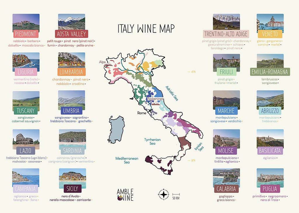 You see an Amble Wine wine map, it is a poster of the country of Italy. You will be able to replace on an empty map all the vineyards of the country.