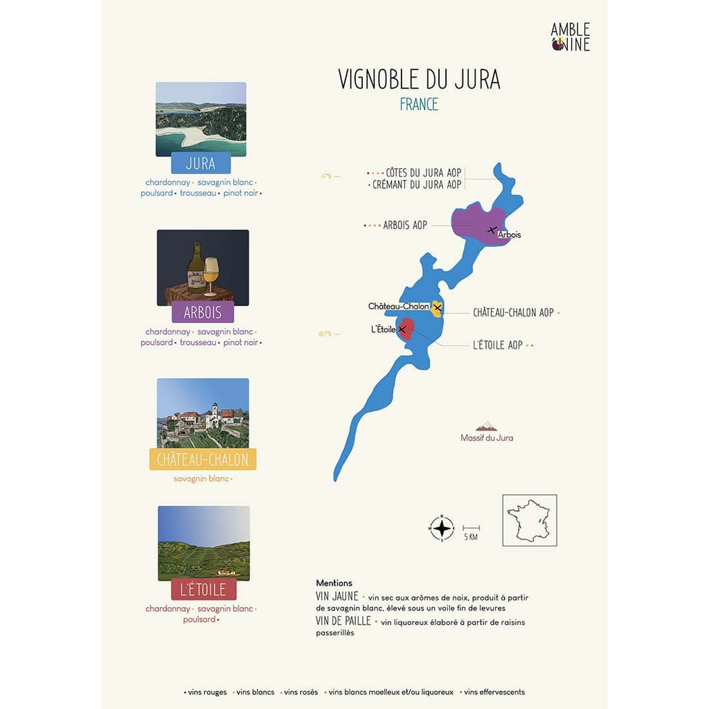 Vous voyez la carte du vignoble du Jura par Amble Wine en version française.