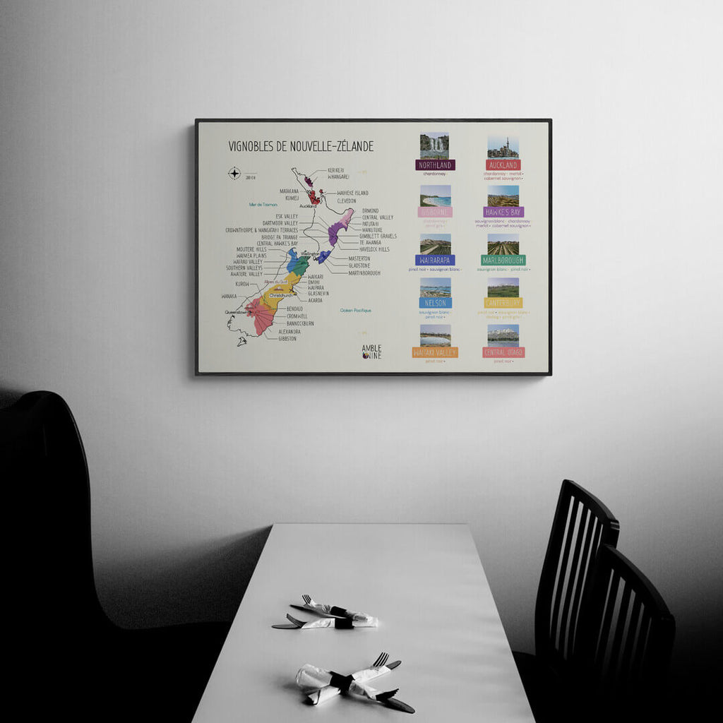 Affiche carte des vins canterbury nouvelle zélande amble wine vignobles 